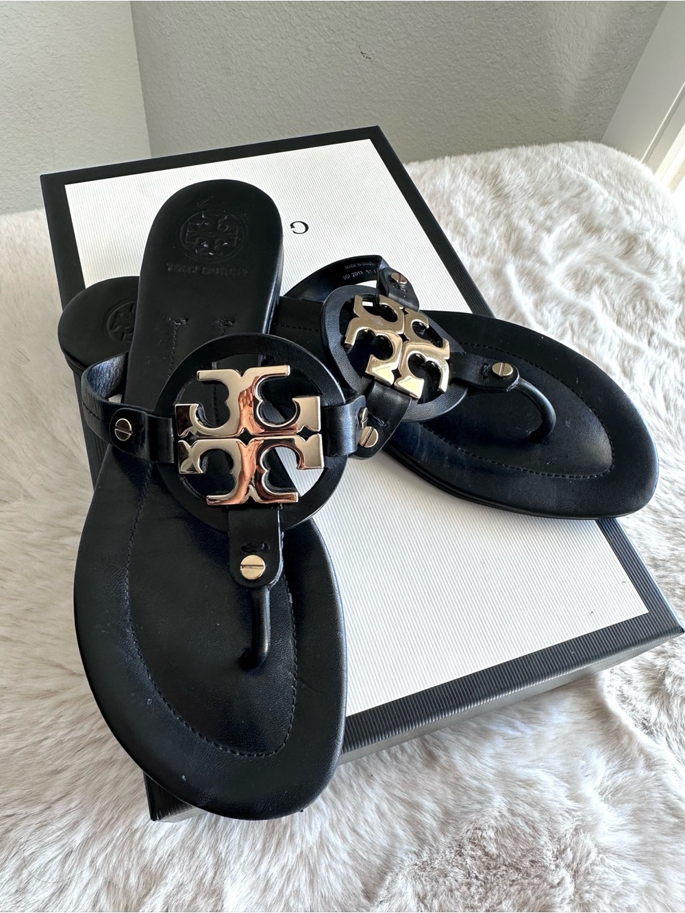 Tory Burch Black Leather Miller Sandals with Gold Logo 8.5